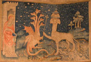 La Bête de la Mer (from the Tapisserie de l'Apocalypse in Angers, France). A medieval tapestry, this detail of which shows the False Prophet, the Dragon, and the Beast of the Sea.